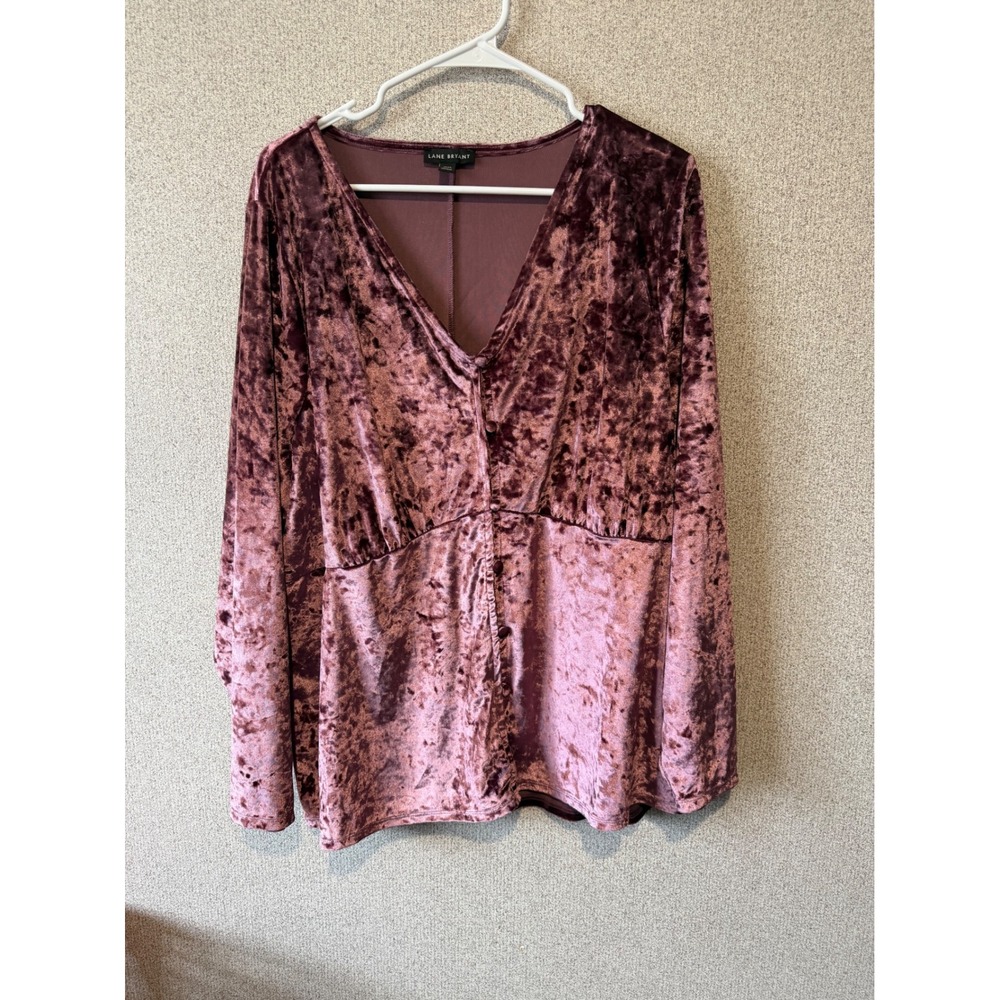 Lane‎ Bryant Womens Mauve Crushed Velvet V-Neck Button Front Long Sleeve Top L